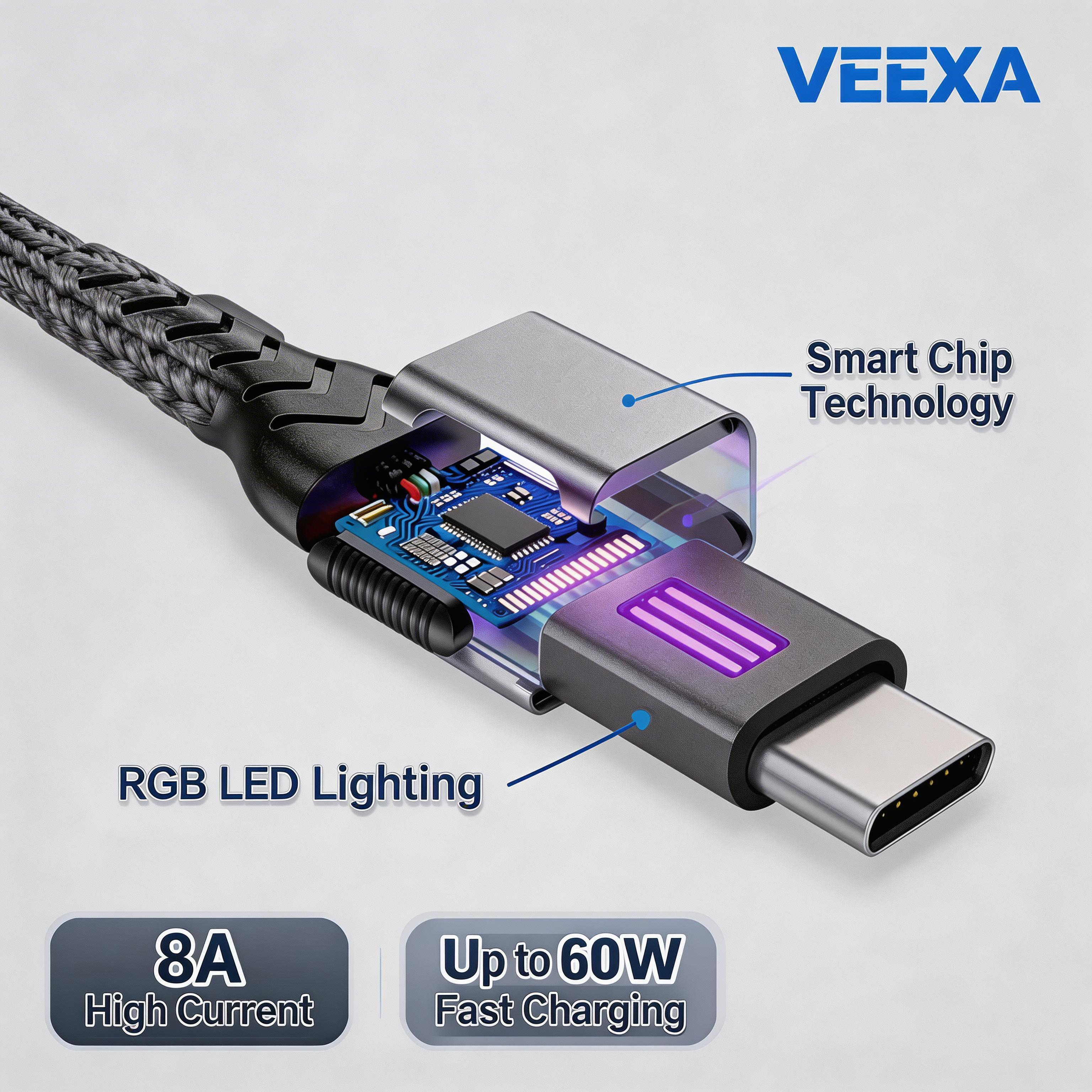 Partially transparent USB-C cable head showing smart chip technology
